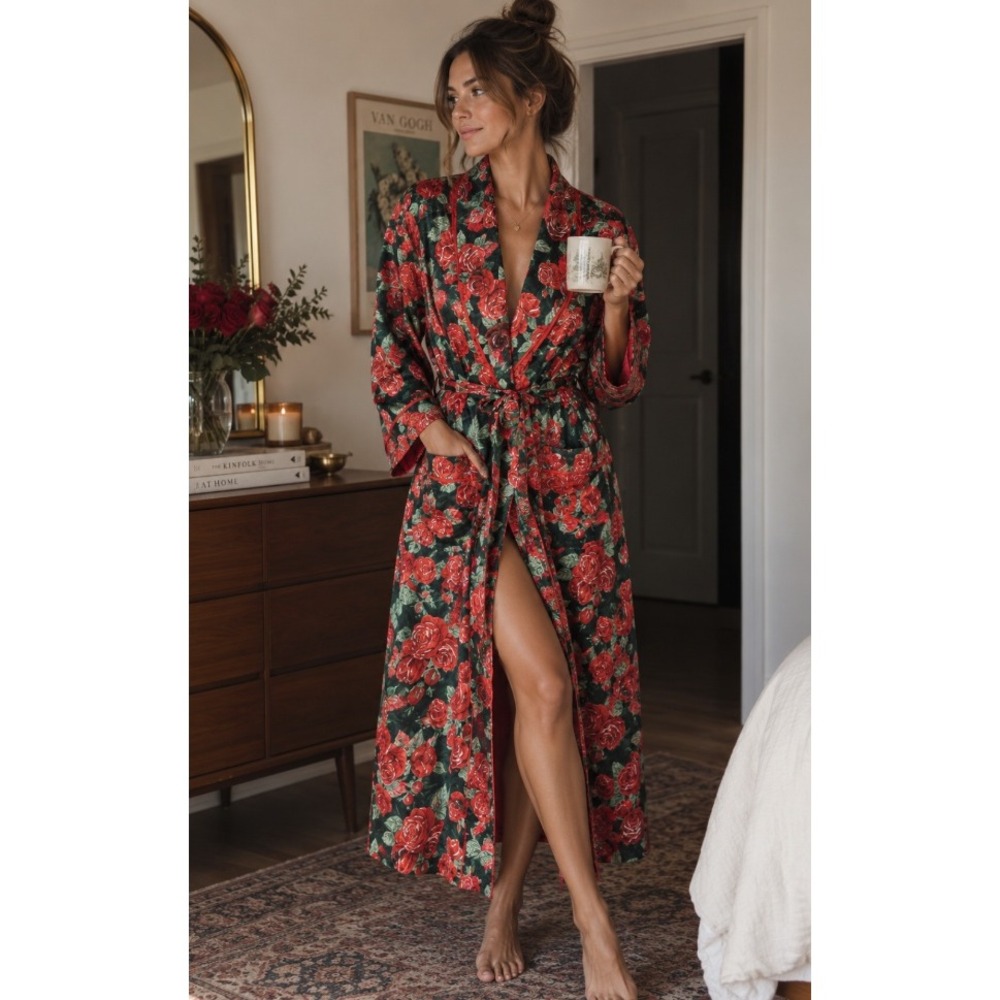 Victoria's Secret Robe Womens One Size Red Rose Floral Gold Label Vintage Wrap